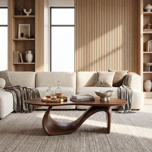 Solid Wood Coffee Table with Asymmetric Loop Base for Living Room