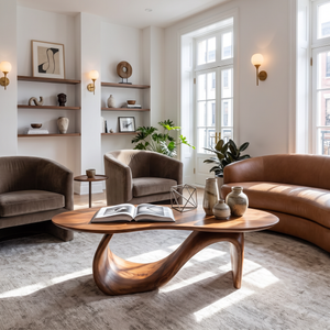 Solid Wood Coffee Table with Asymmetric Loop Base for Living Room