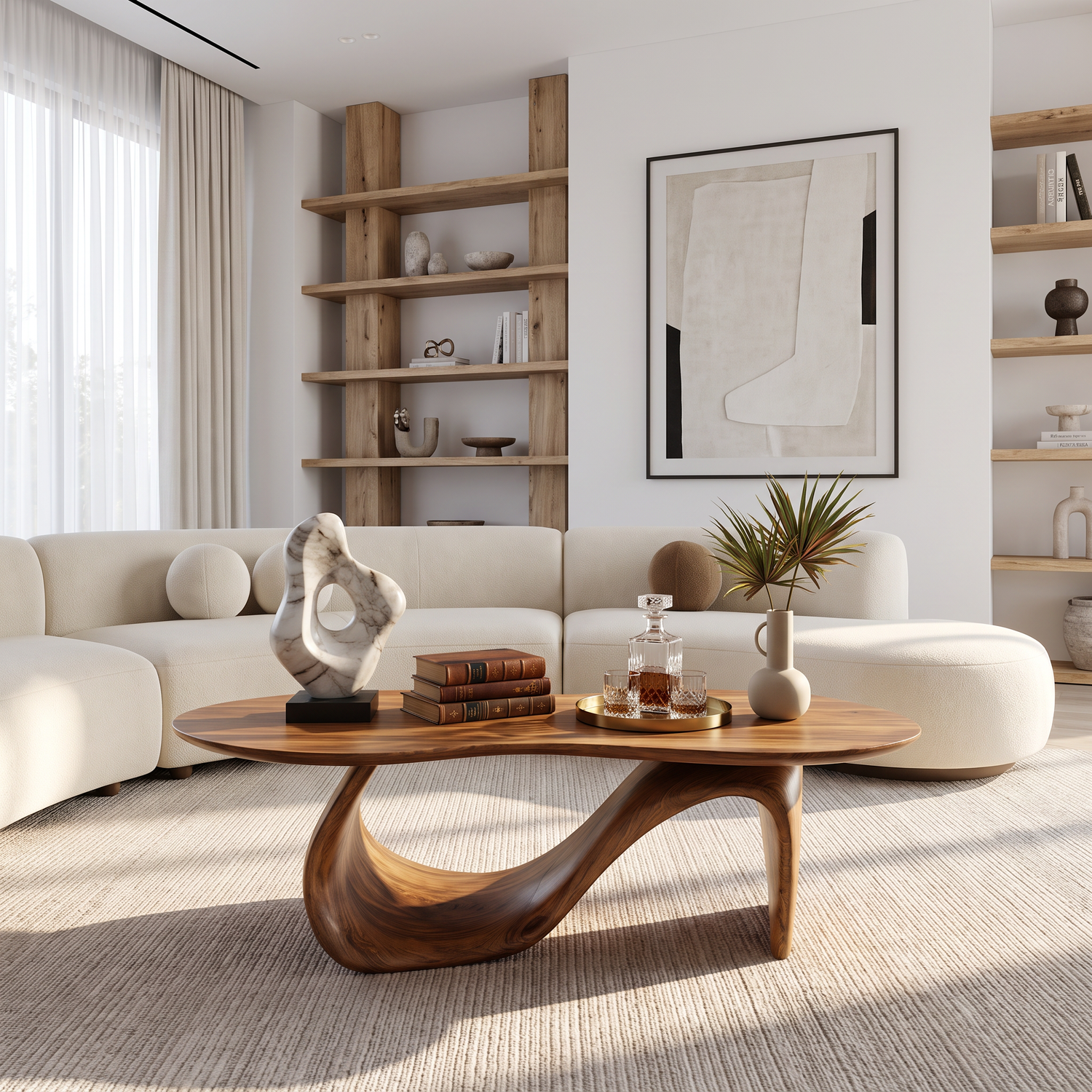 Solid Wood Coffee Table with Asymmetric Loop Base for Living Room