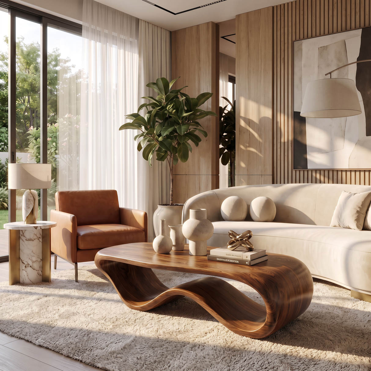 Solid Wood Coffee Table with Continuous Wave Hollow Base
