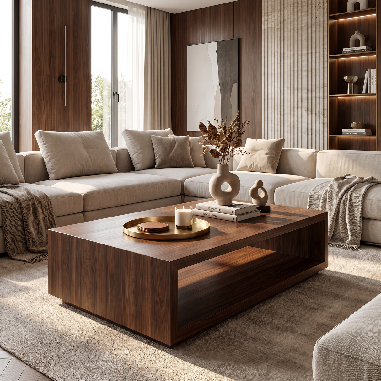 Minimalist Solid Wood Coffee Table with Open Shelf Storage