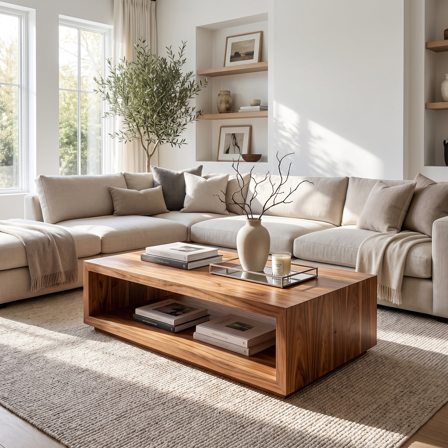 Minimalist Solid Wood Coffee Table with Open Shelf Storage