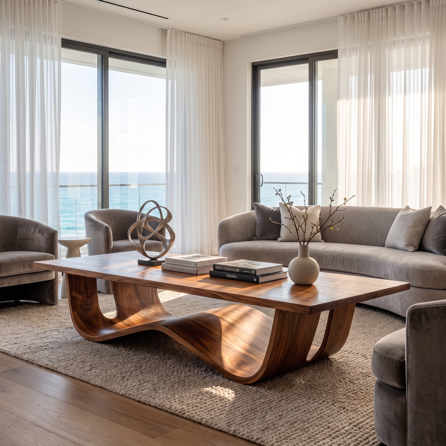 Sculptural Solid Wood Coffee Table with Curved Waterfall Base