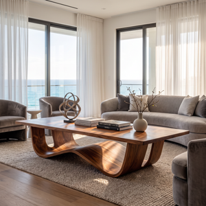 Sculptural Solid Wood Coffee Table with Curved Waterfall Base