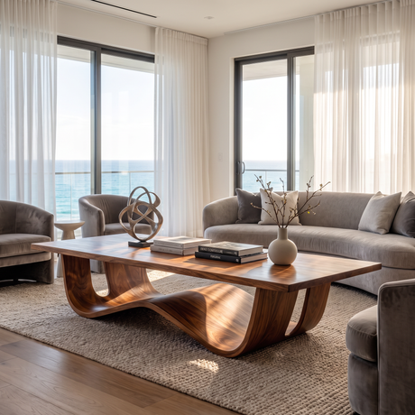 Sculptural Solid Wood Coffee Table with Curved Waterfall Base