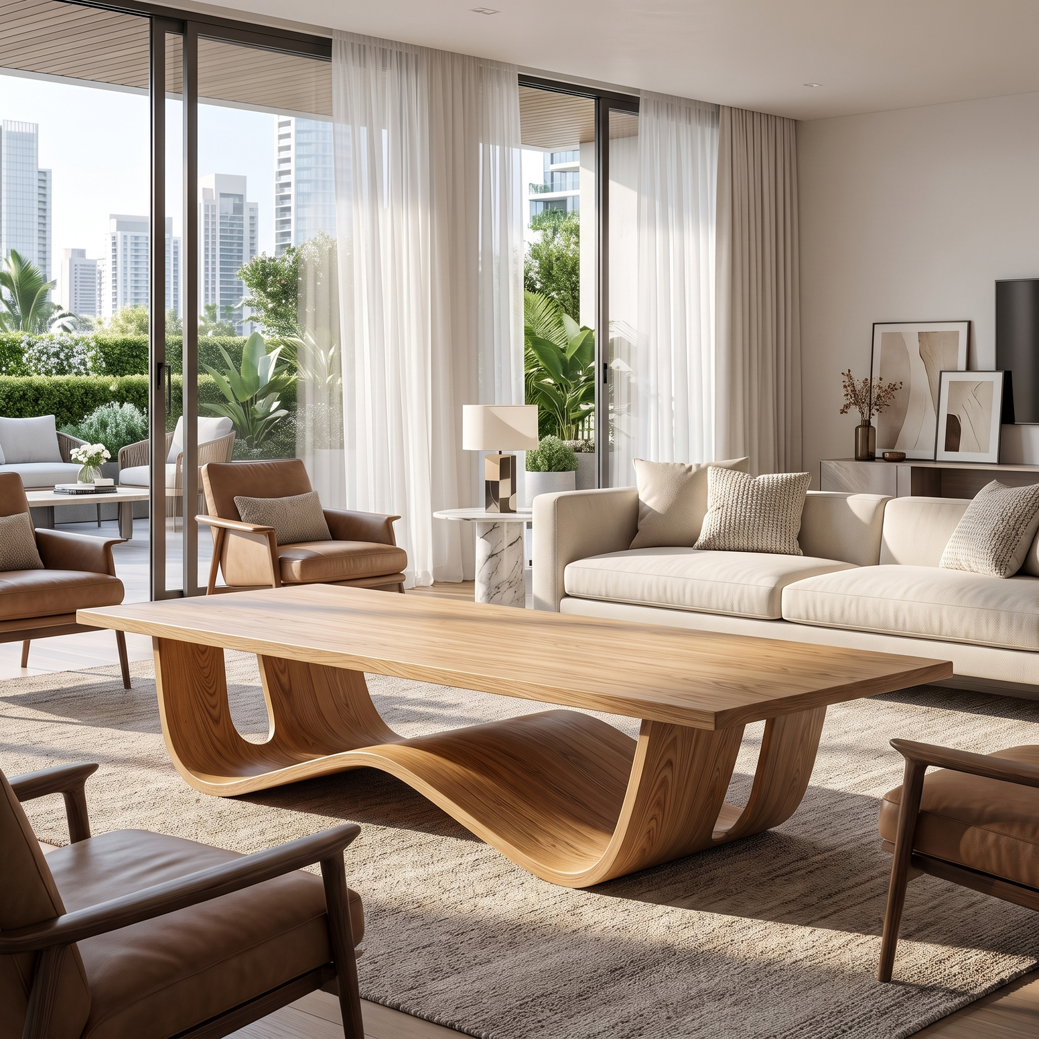 Sculptural Solid Wood Coffee Table with Curved Waterfall Base