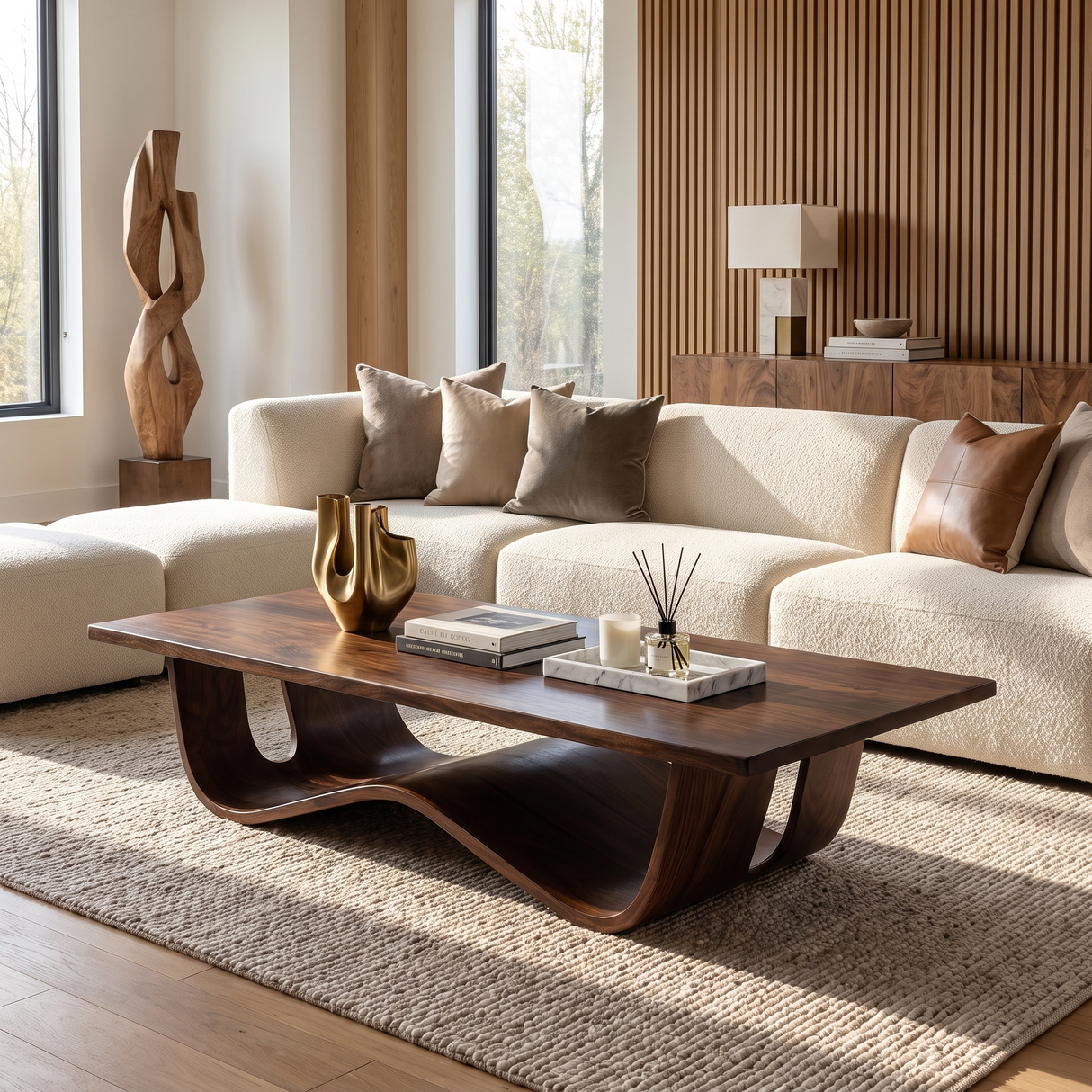 Sculptural Solid Wood Coffee Table with Curved Waterfall Base