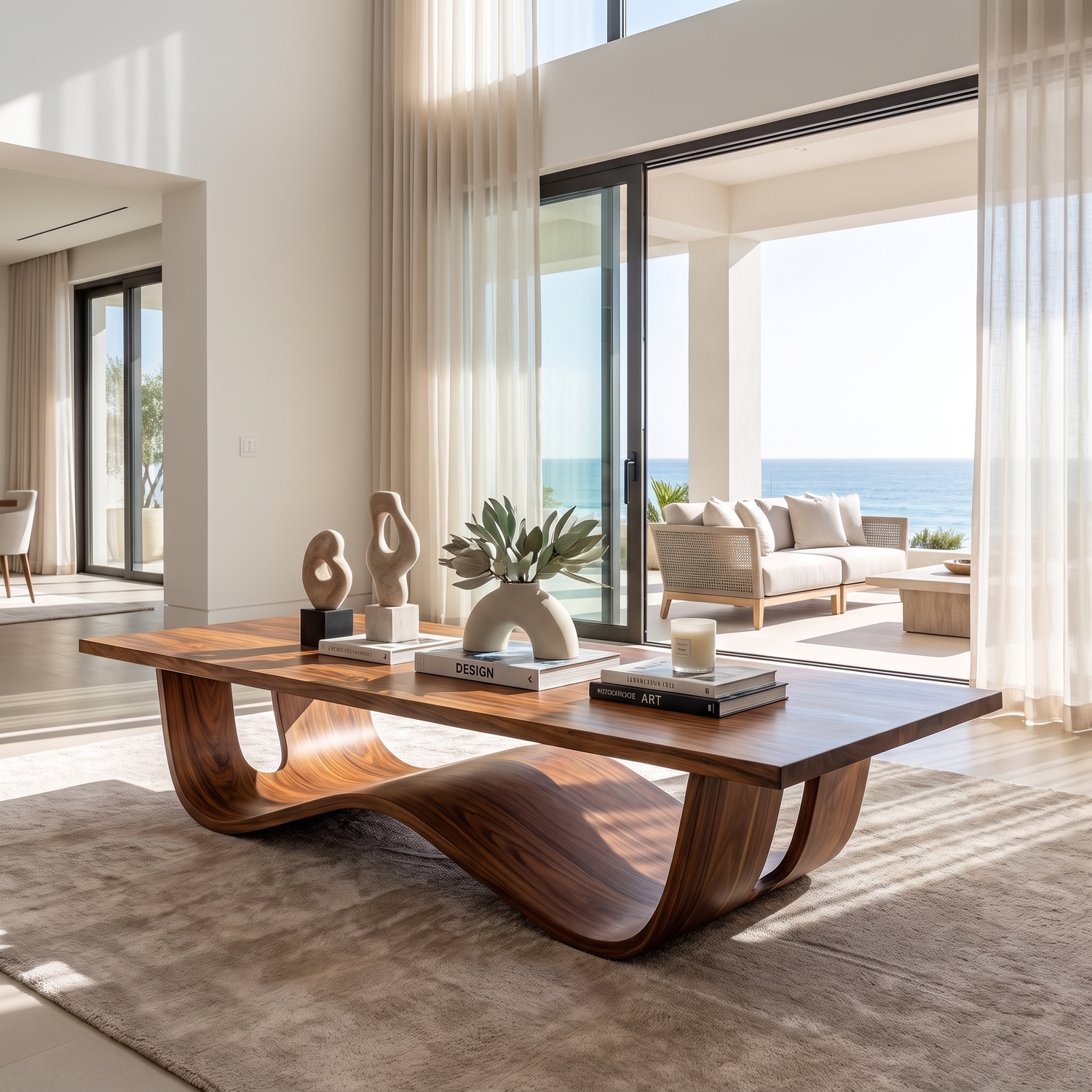 Sculptural Solid Wood Coffee Table with Curved Waterfall Base