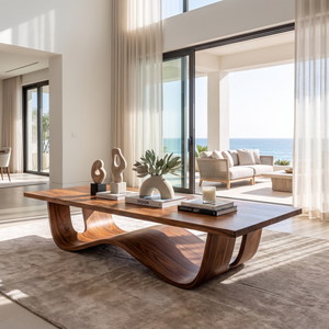 Sculptural Solid Wood Coffee Table with Curved Waterfall Base