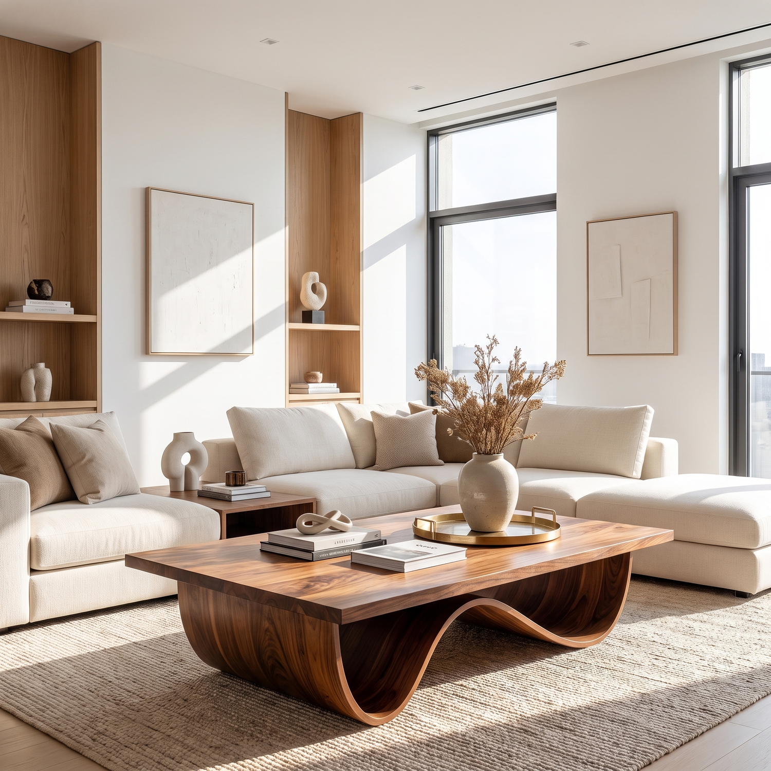 Sculptural Solid Wood Coffee Table with Curved Base