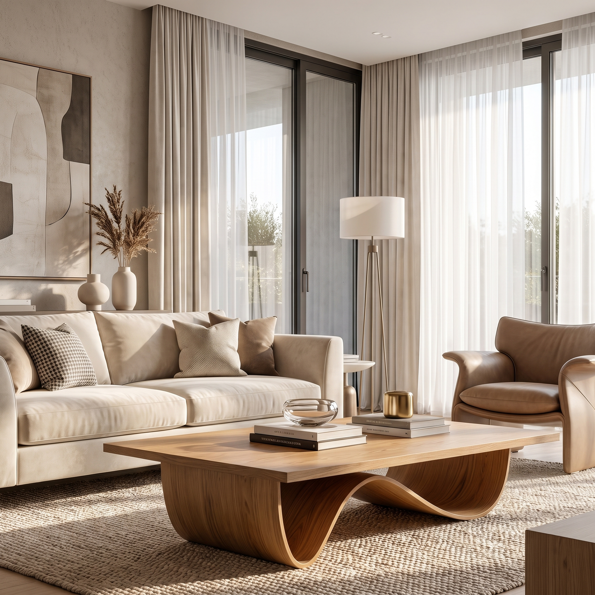 Sculptural Solid Wood Coffee Table with Curved Base