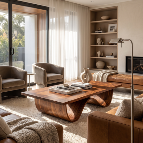 Sculptural Solid Wood Coffee Table with Curved Base