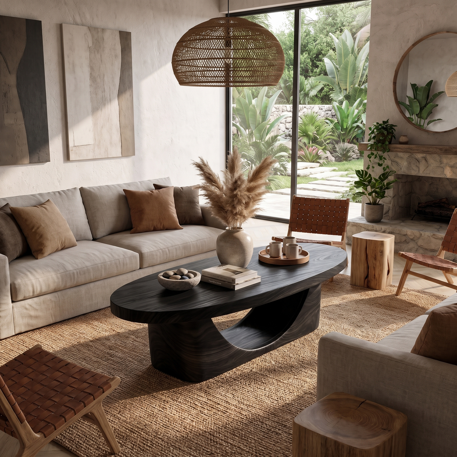 Coffee Table Solid Wood with Sculptural Crescent Loop Base