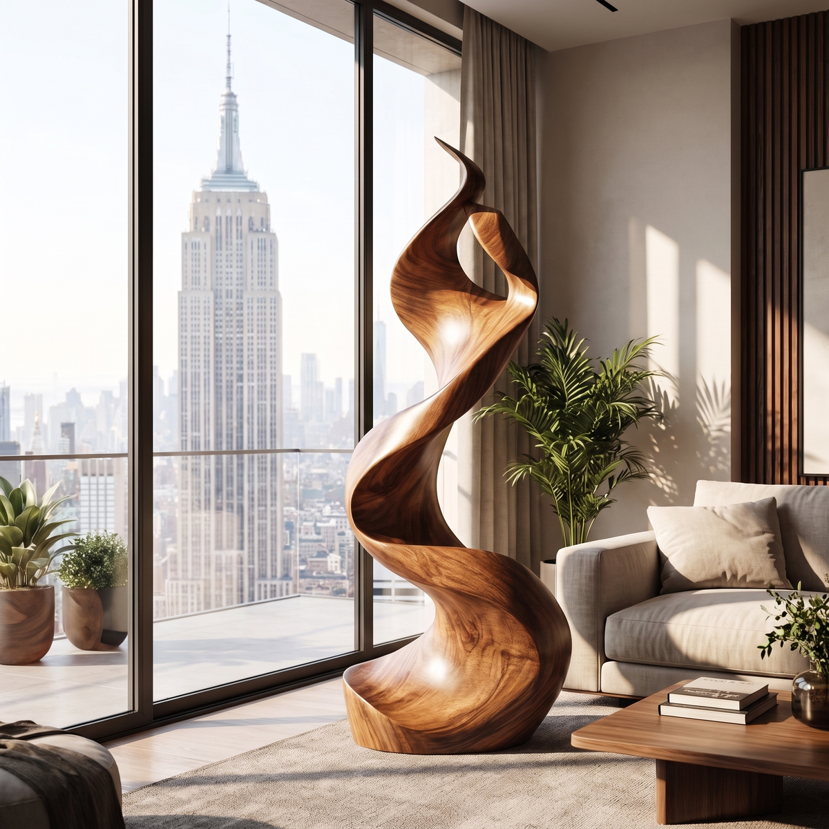 Flame-Inspired Solid Wood Sculpture for Contemporary Interiors