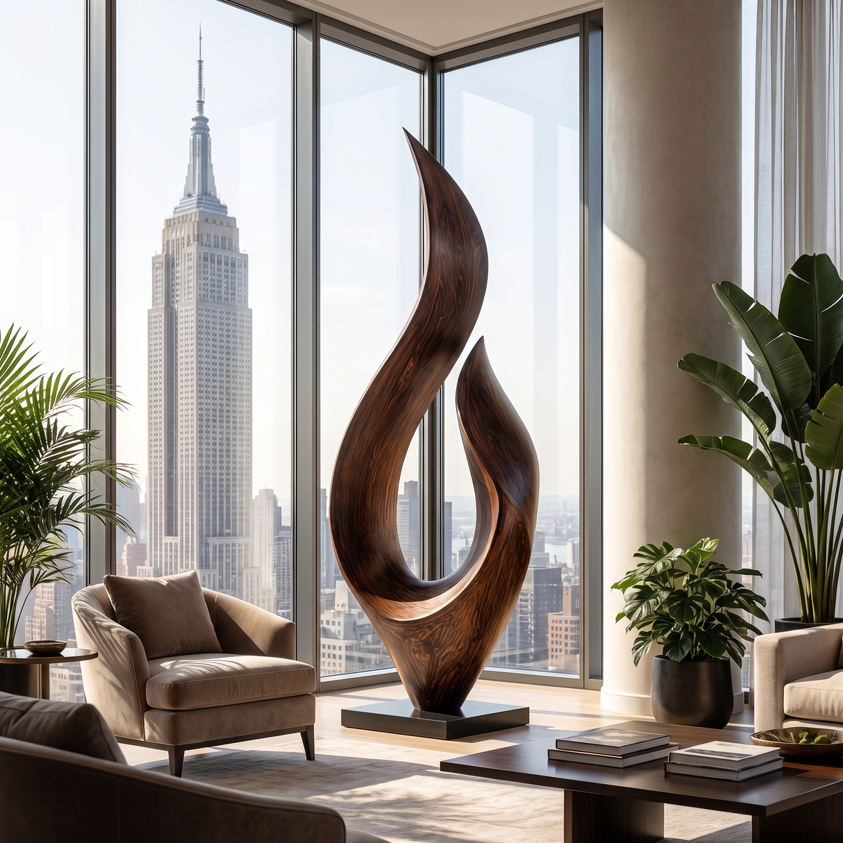 Contemporary Leaf Form Garden Solid Wood Sculpture for Landscape and Outdoor Display