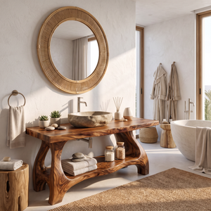 Bathroom Vanity Solid Wood with Sculptural Open Frame Base and Lower Shelf Storage