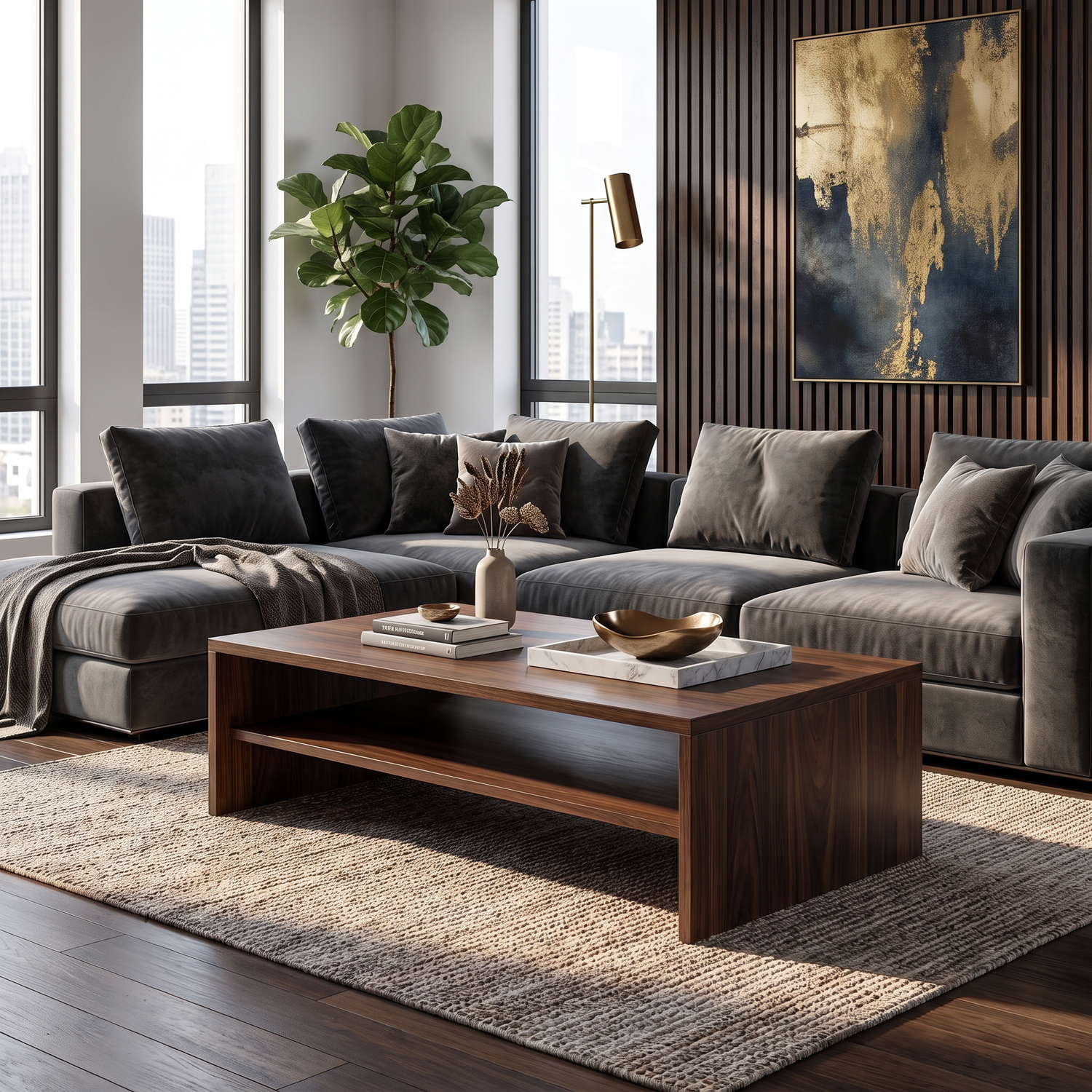 Solid Wood Rectangular Coffee Table with Open Shelf Storage