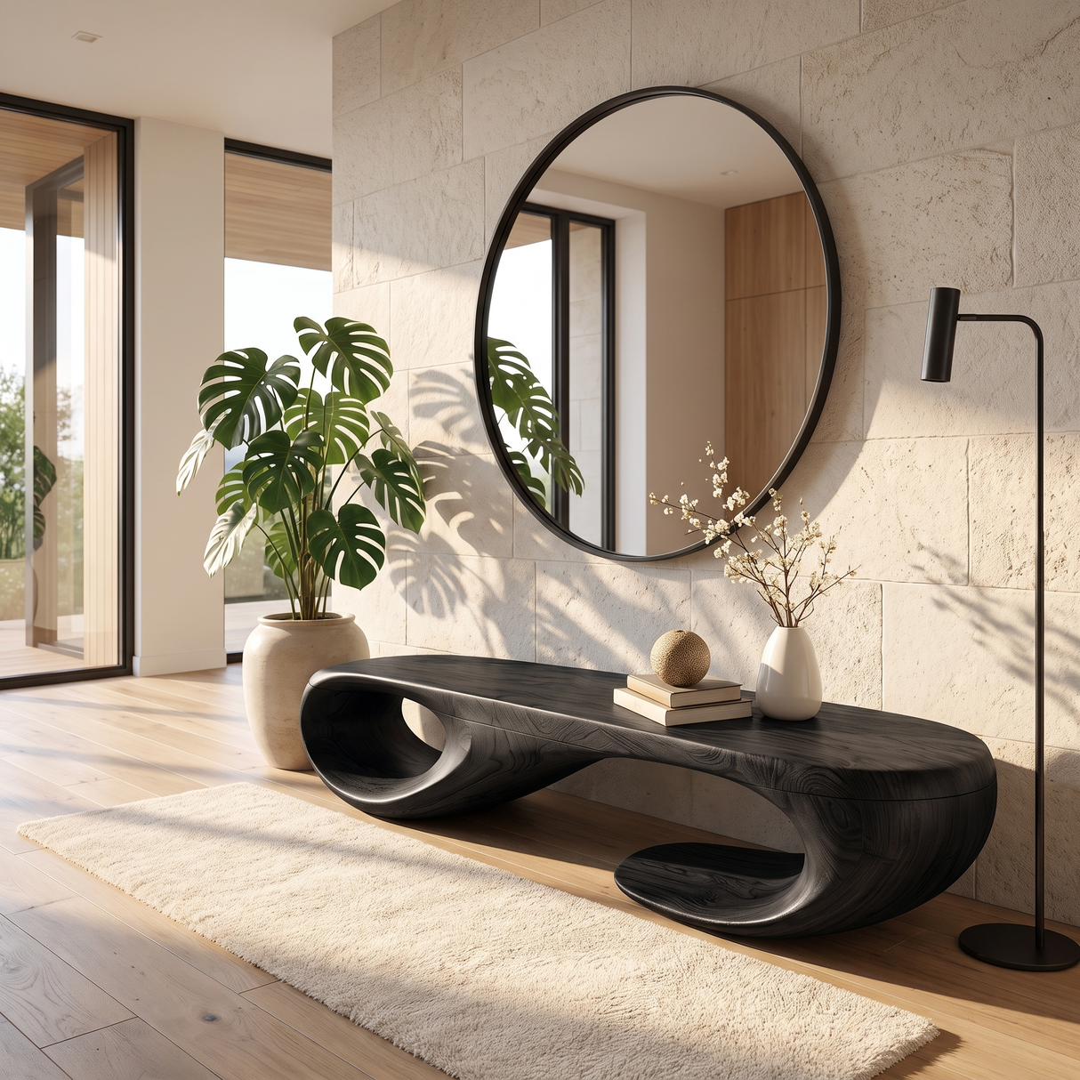Organic Solid Wood Bench with Sculptural Double Loop Base for Modern Interiors