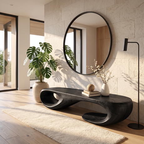 Organic Solid Wood Bench with Sculptural Double Loop Base for Modern Interiors