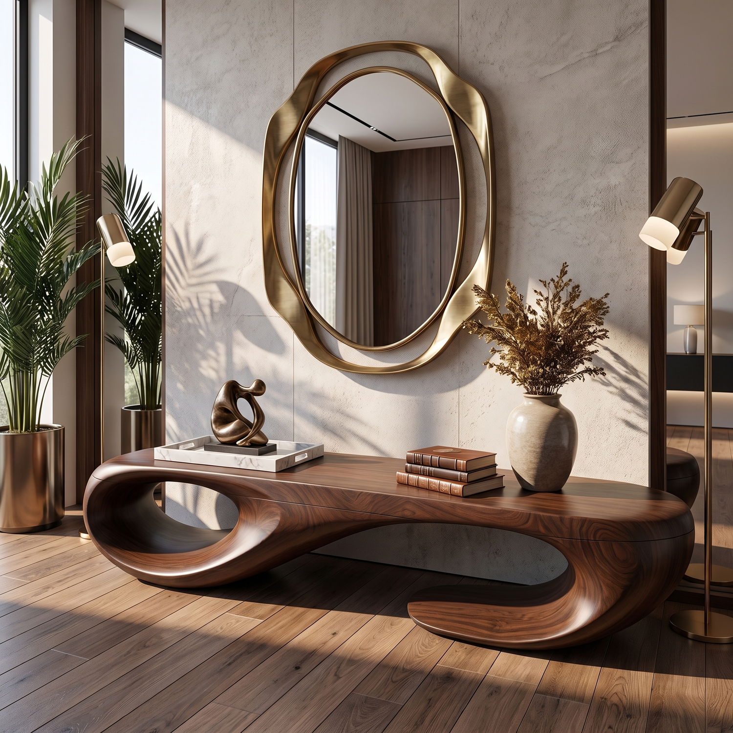 Organic Solid Wood Bench with Sculptural Double Loop Base for Modern Interiors