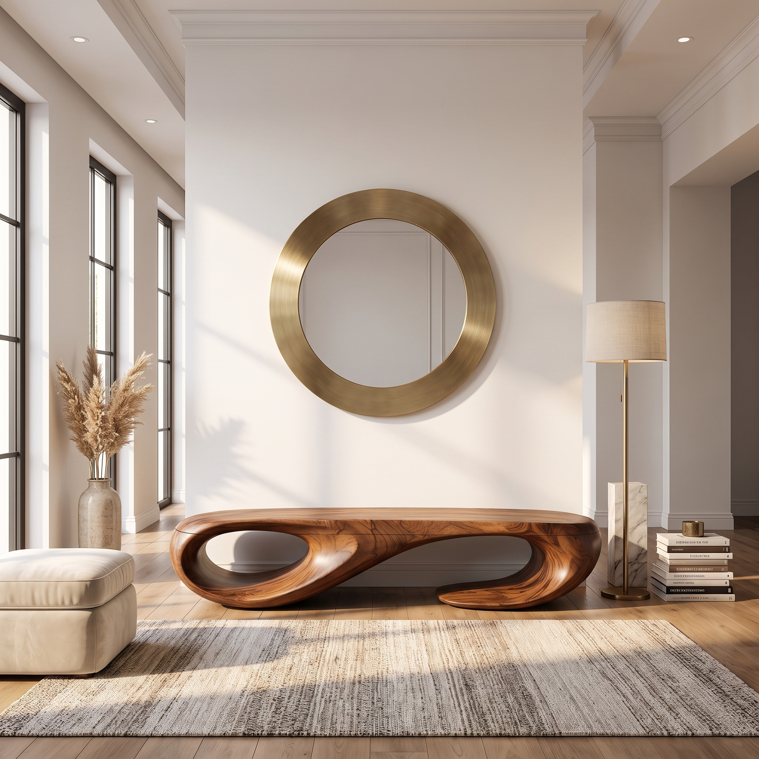 Organic Solid Wood Bench with Sculptural Double Loop Base for Modern Interiors