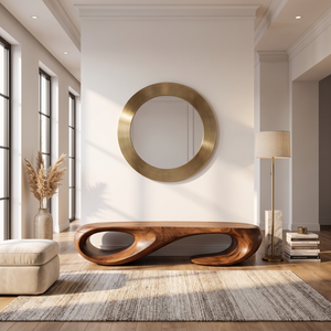 Organic Solid Wood Bench with Sculptural Double Loop Base for Modern Interiors