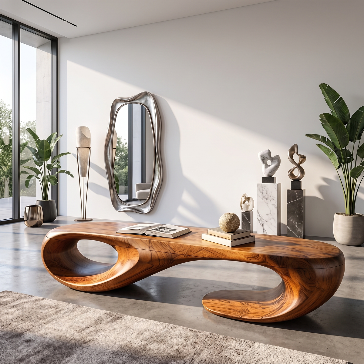 Organic Solid Wood Bench with Sculptural Double Loop Base for Modern Interiors