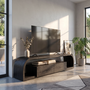 TV Console Solid Wood with Rounded Frame and Cabinet Storage for Living Room