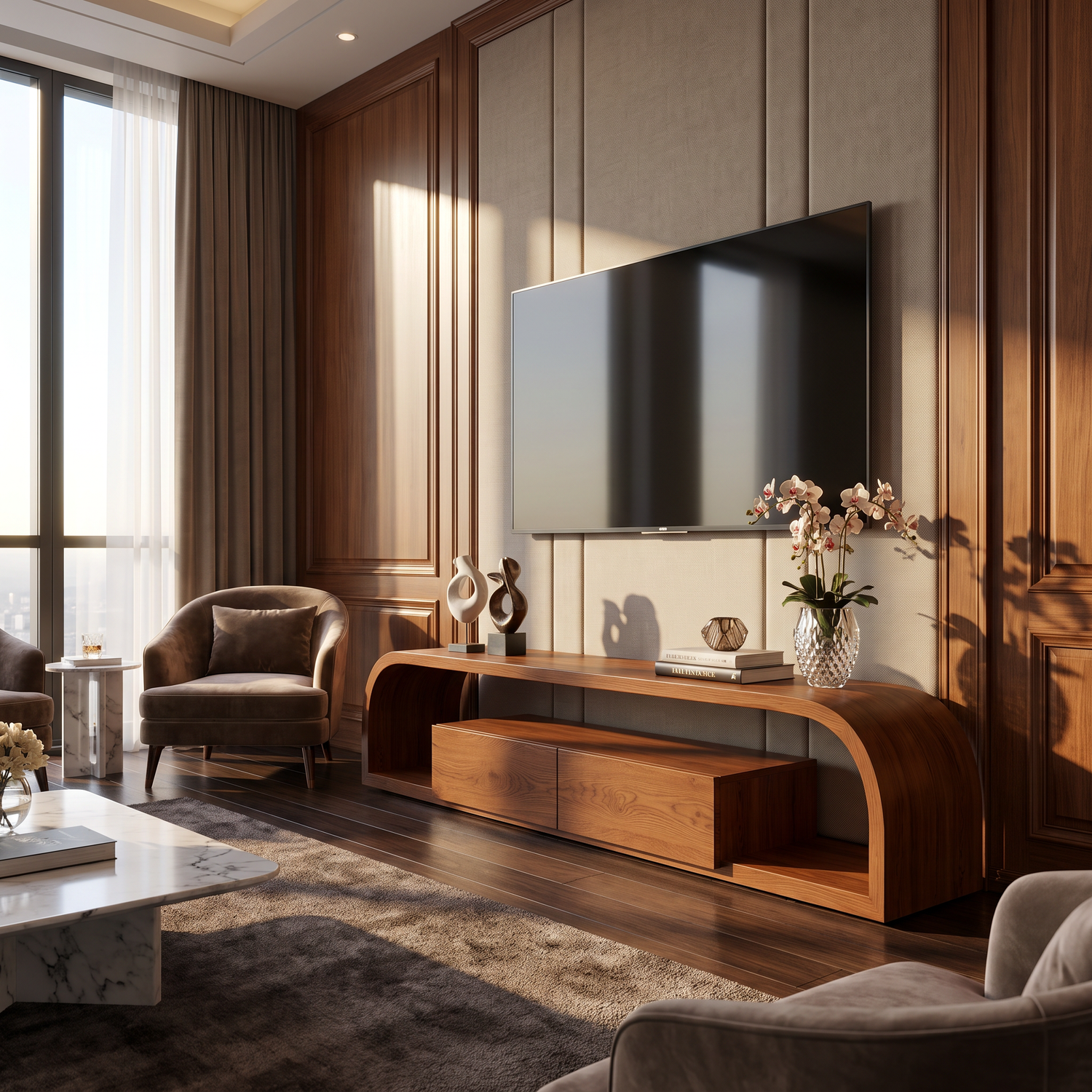 TV Console Solid Wood with Rounded Frame and Cabinet Storage for Living Room