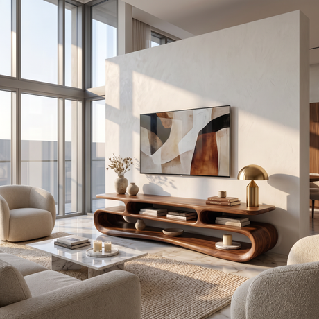 Organic Solid Wood TV Stand with Double Open Wave Shelves