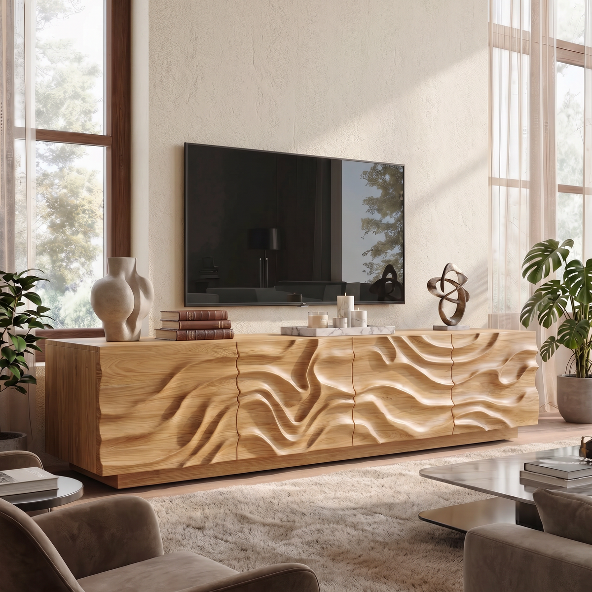Organic Solid Wood TV Console with Flowing Wave Carved Doors