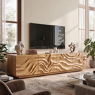 Organic Solid Wood TV Console with Flowing Wave Carved Doors