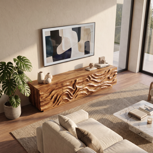 Organic Solid Wood TV Console with Flowing Wave Carved Doors
