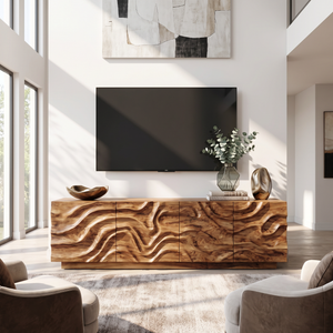 Organic Solid Wood TV Console with Flowing Wave Carved Doors