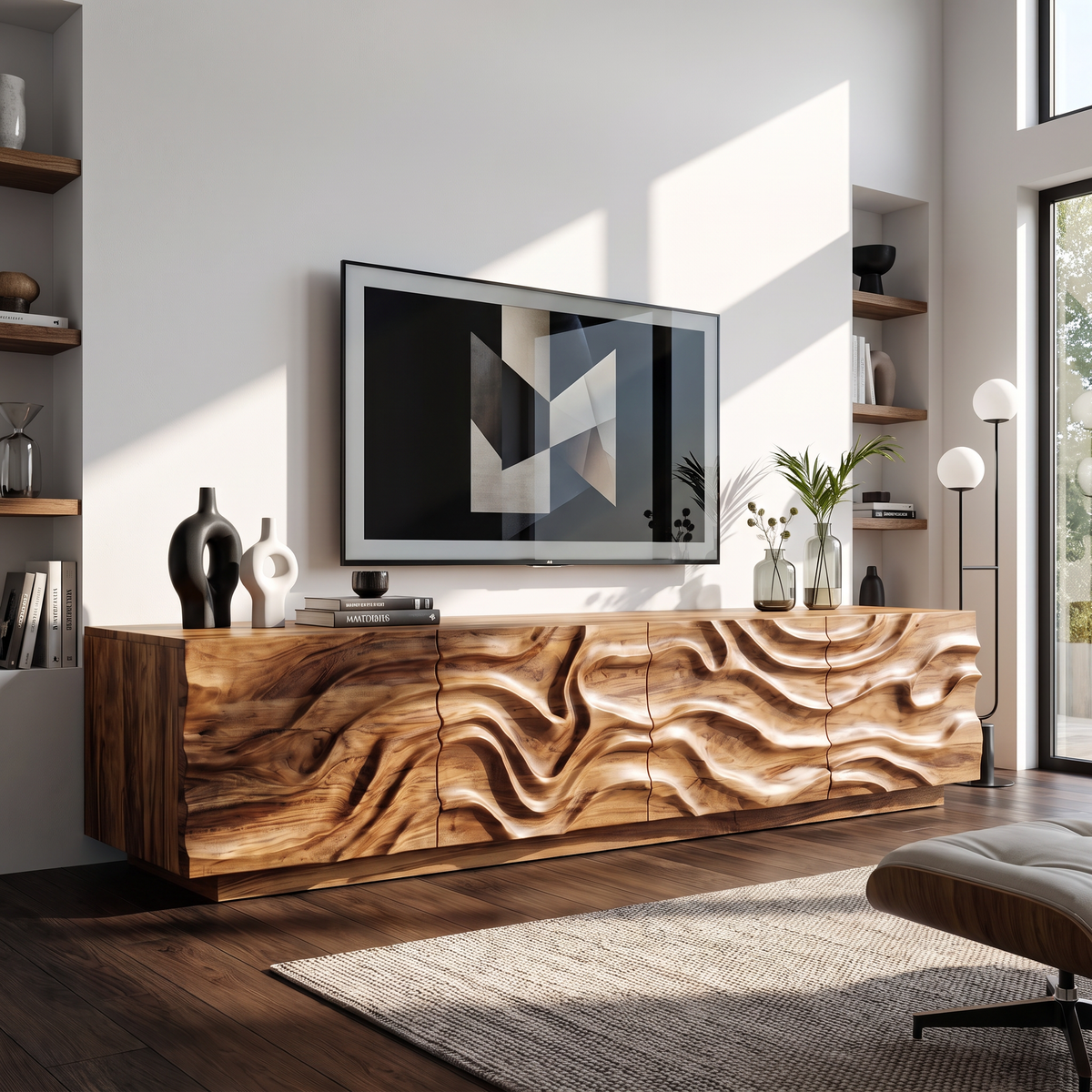 Organic Solid Wood TV Console with Flowing Wave Carved Doors