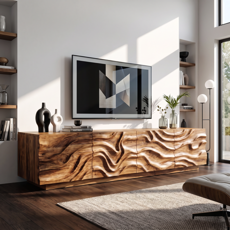 Organic Solid Wood TV Console with Flowing Wave Carved Doors