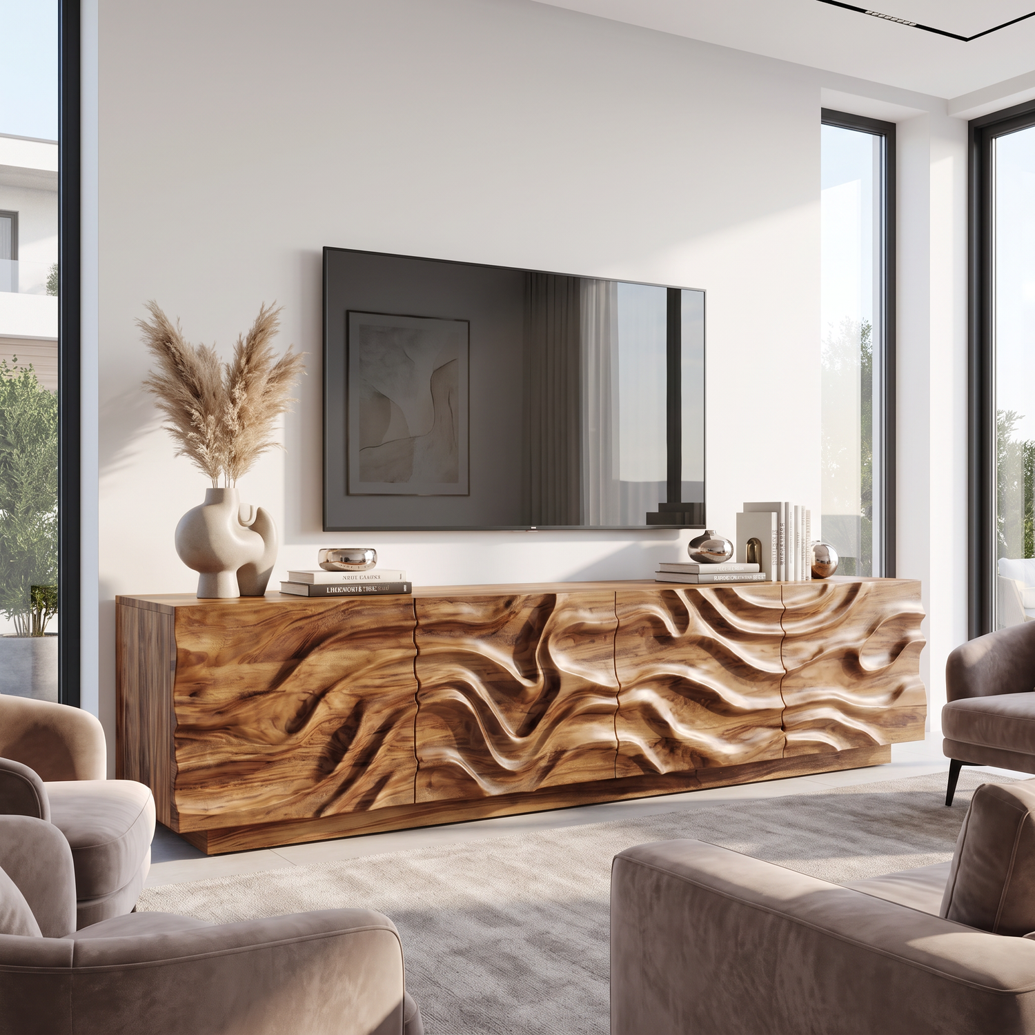 Organic Solid Wood TV Console with Flowing Wave Carved Doors