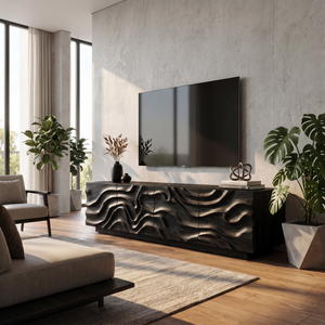 Organic Solid Wood TV Console with Flowing Wave Carved Doors