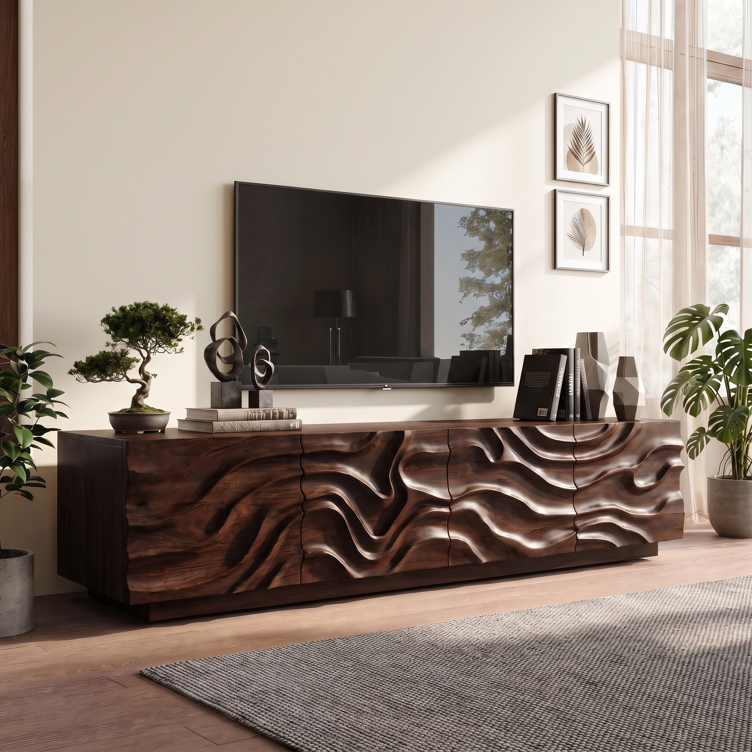 Organic Solid Wood TV Console with Flowing Wave Carved Doors