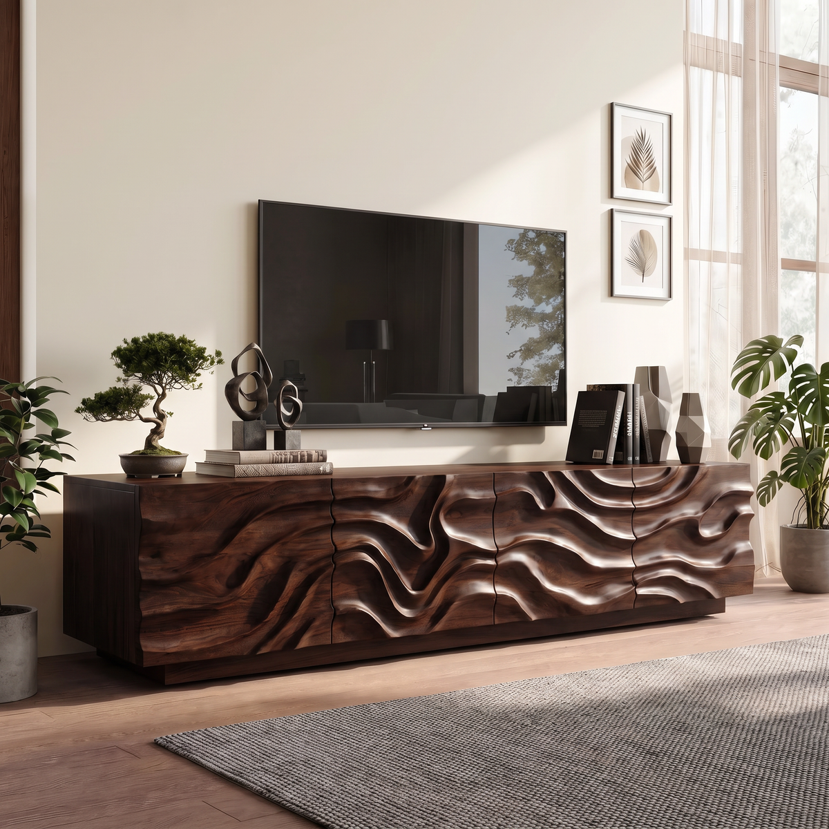 Organic Solid Wood TV Console with Flowing Wave Carved Doors