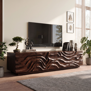Organic Solid Wood TV Console with Flowing Wave Carved Doors