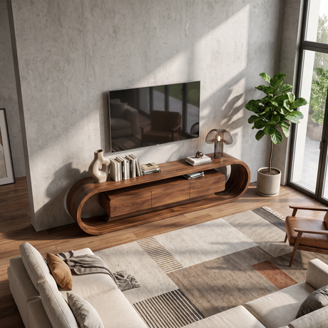 Organic Solid Wood TV Stand with Oval Loop Frame and Storage Drawers