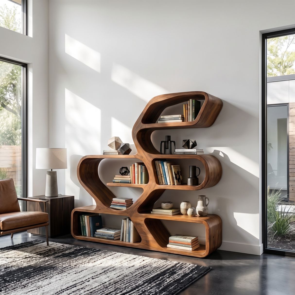 Organic Solid Wood Bookshelf with Flowing Freeform Shelves
