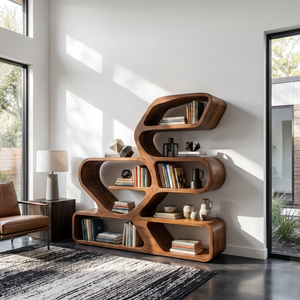 Organic Solid Wood Bookshelf with Flowing Freeform Shelves