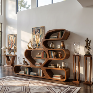 Organic Solid Wood Bookshelf with Flowing Freeform Shelves