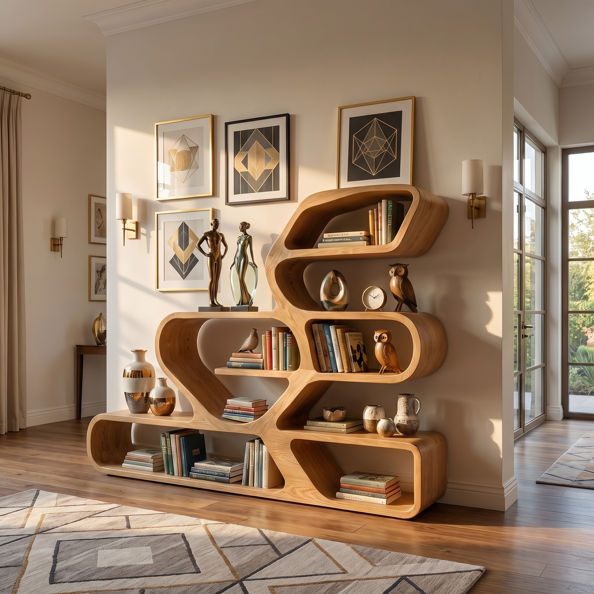 Organic Solid Wood Bookshelf with Flowing Freeform Shelves