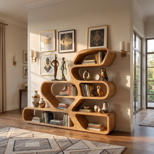 Organic Solid Wood Bookshelf with Flowing Freeform Shelves