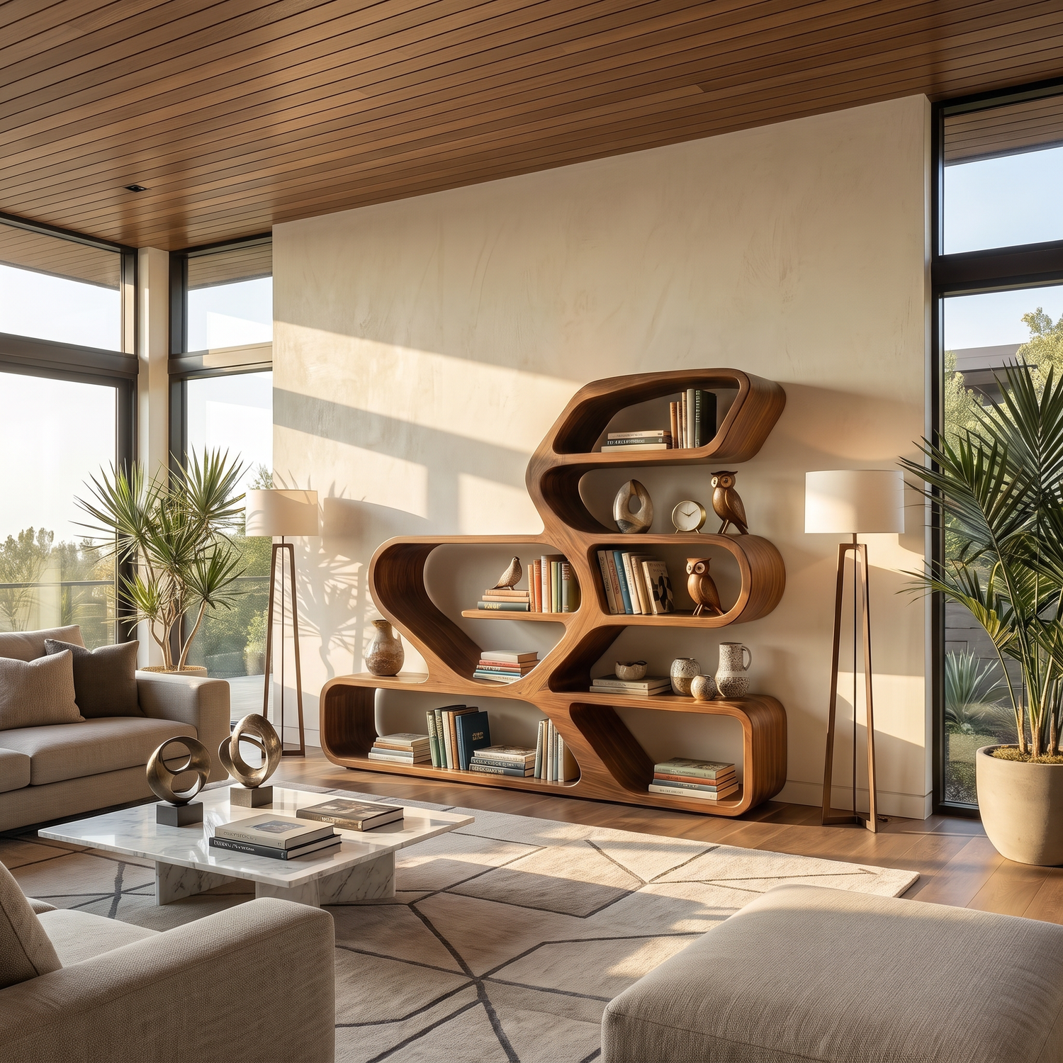 Organic Solid Wood Bookshelf with Flowing Freeform Shelves