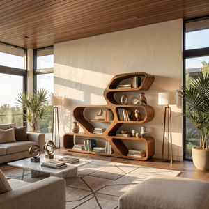 Organic Solid Wood Bookshelf with Flowing Freeform Shelves