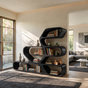 Organic Solid Wood Bookshelf with Flowing Freeform Shelves
